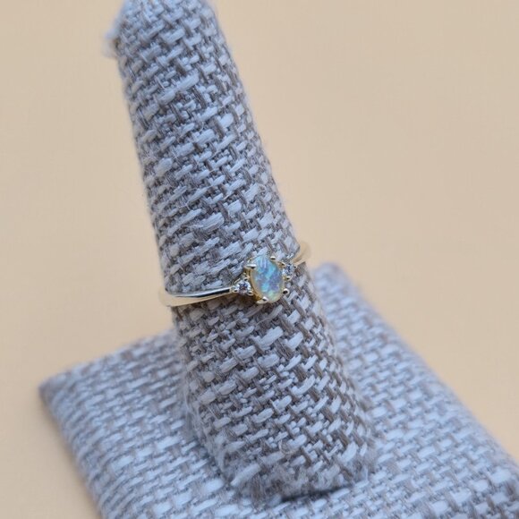 Size 8.25 Gold Over Sterling Silver Small Opal With CZ Accents Ring A5335 - Picture 3 of 9